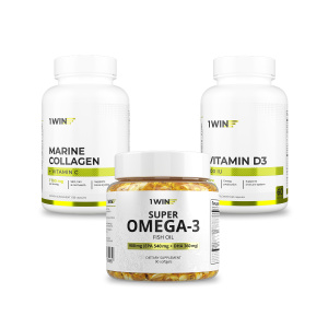 1WIN / Набор витаминов, Омега-3 90капсул + Коллаген 155 капсул + подарок Д3 600МЕ