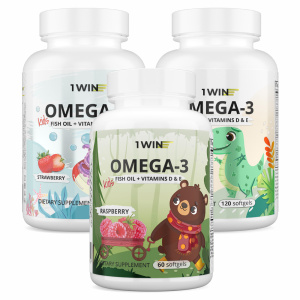 1WIN / Набор из 3-х Omega-3 kids / Вкус: Клубника 120 капсул, Апельсин 120 капсул, Малина и травы 60 капсул