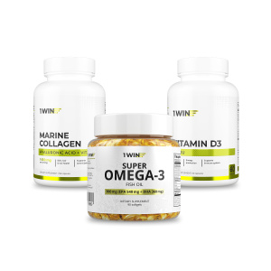 1WIN / Набор витаминов, Омега-3 90 капсул + Коллаген морской с гиалуроновой кислотой 155 капсул + подарок D3 600МЕ