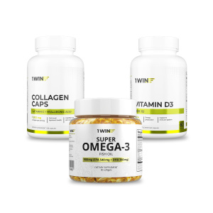 1WIN / Набор витаминов, Омега-3 90 капсул + Коллаген с гиалуроновой кислотой 155 капсул + подарок D3 600МЕ